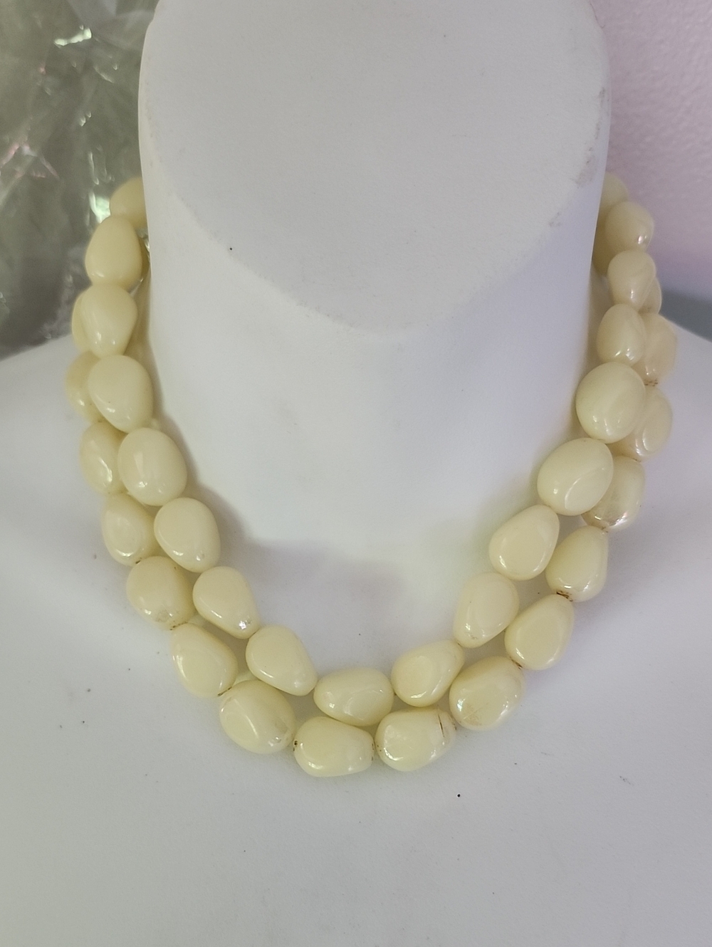 Vtg West Germany Lucite Cream Bead Double-Strand Necklace